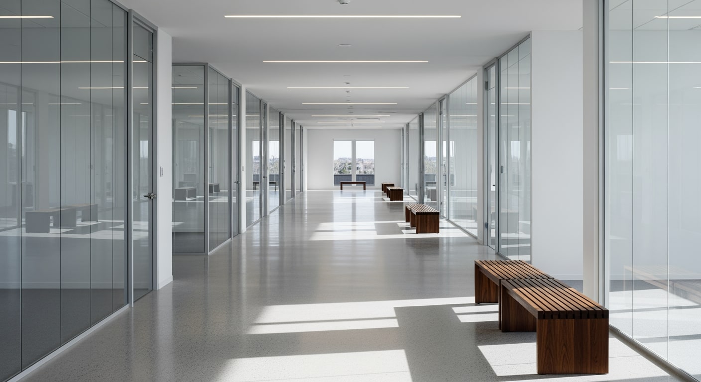 A brightly lit modern office corridor with glass walls and minimalist furniture, under natural light.