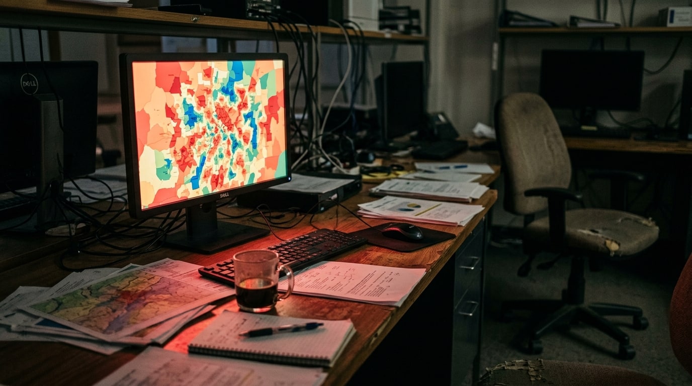 A moody mid-shot of a secondary workstation in the same dark operations room, empty but with the screen still alive show