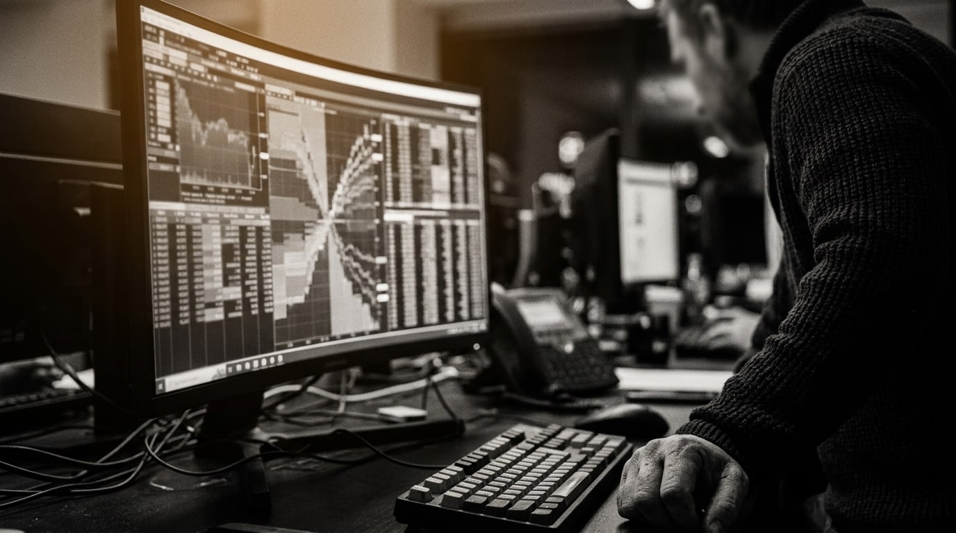 A close detail of a real trading workstation at night showing two distinct data feeds converging on one screen — a tradi