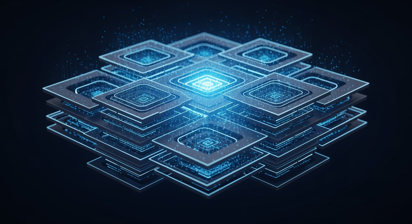 Layered server architecture visualized as interlocking geometric forms, glowing faintly against dark background, represe