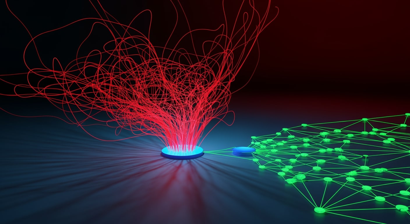 A maze of interconnected nodes with some paths glowing unsupervised in red, others properly contained and governed in gr