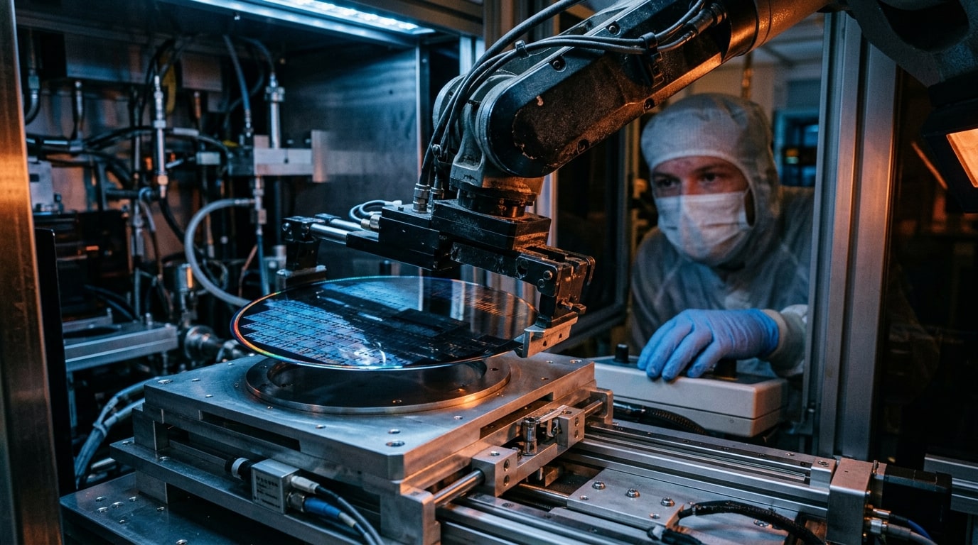 Cinematic 16:9 close detail inside a semiconductor fab: a robotic wafer-handling arm placing a silicon wafer onto a stag