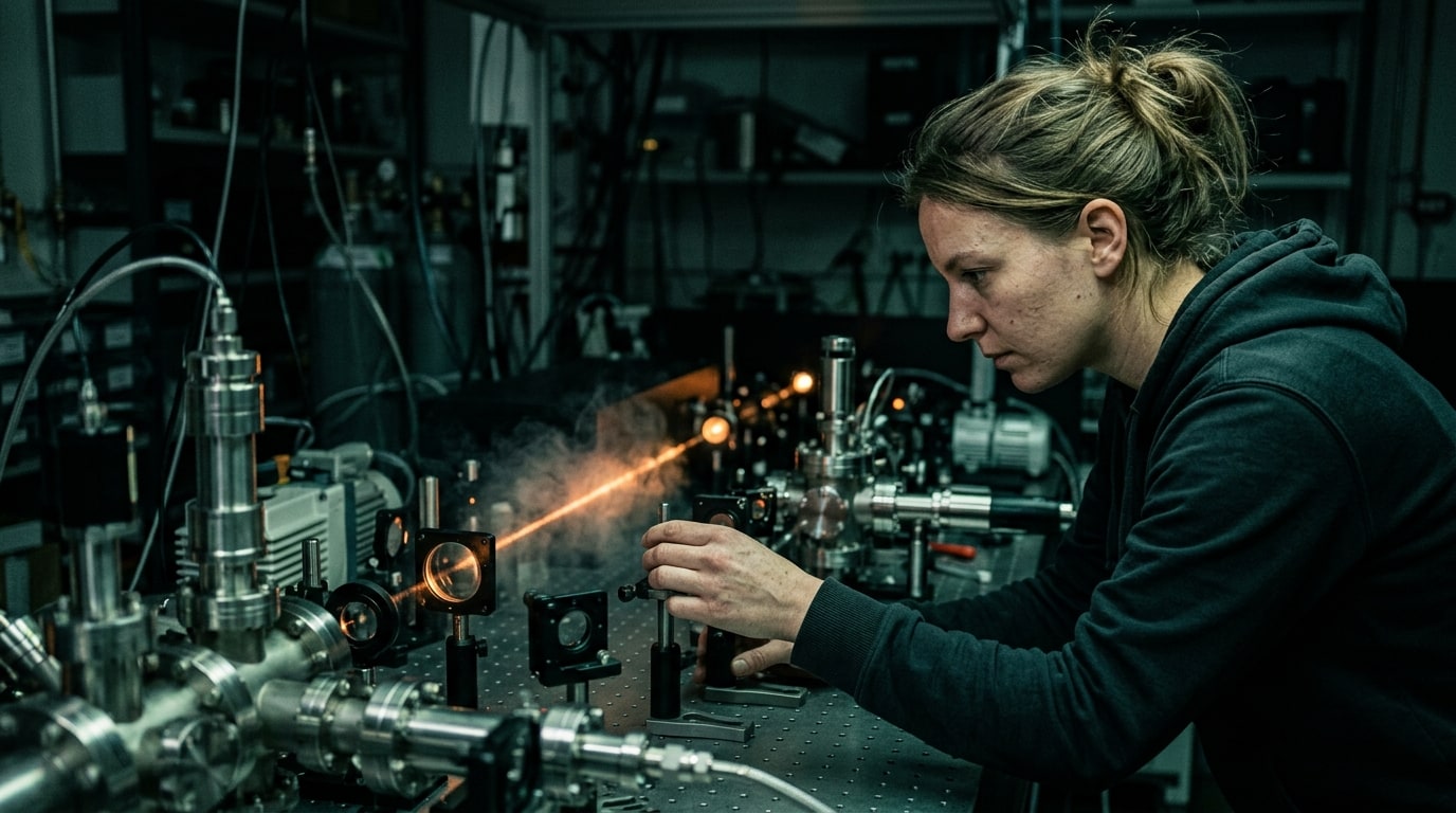 An Eindhoven metrology workspace by night: a laser breadboard with an ultrafast high-harmonic-generation beamline, a wis