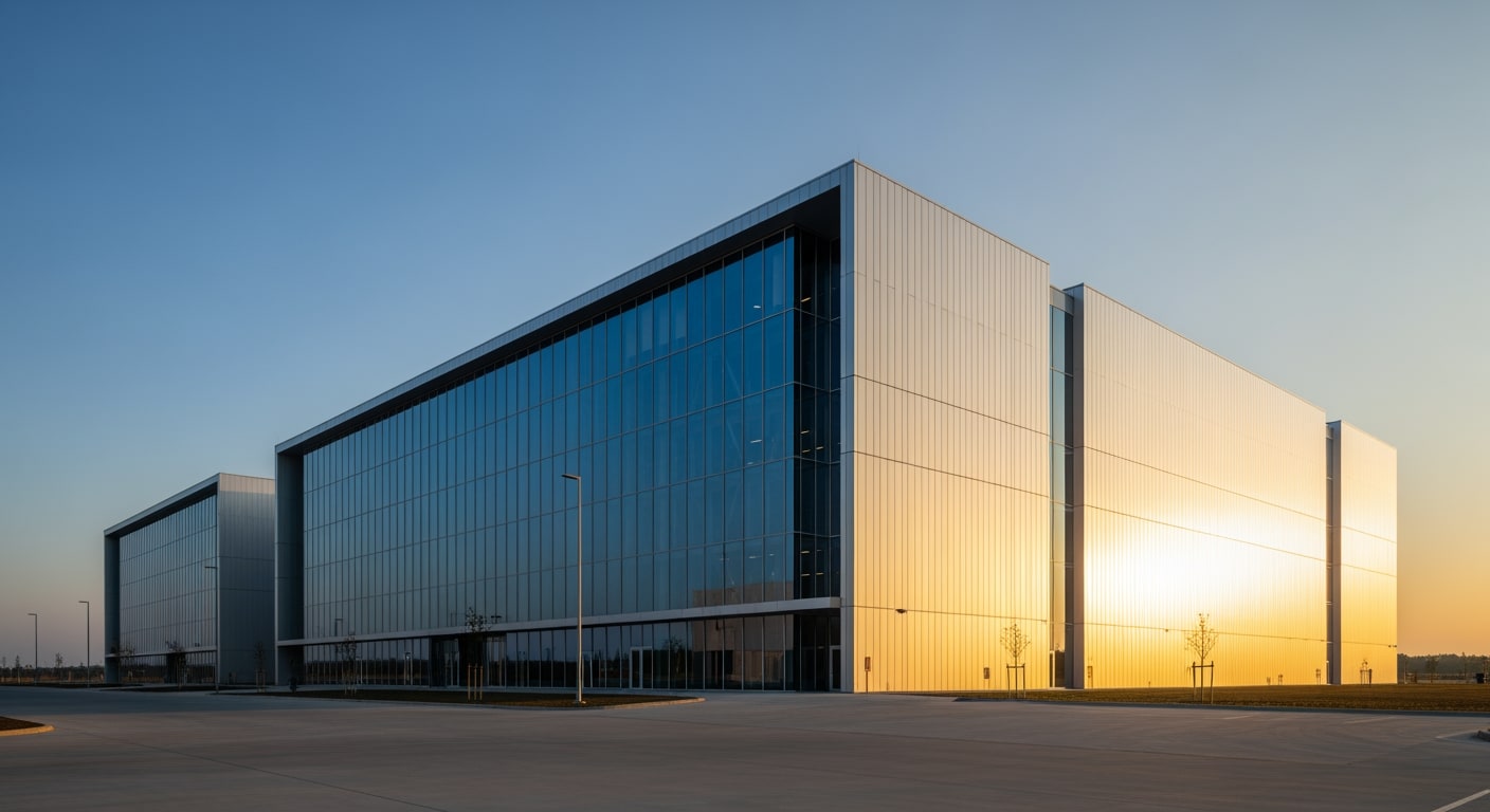 A large, modern data center building with a sleek, minimalist design under a clear, early morning sky.