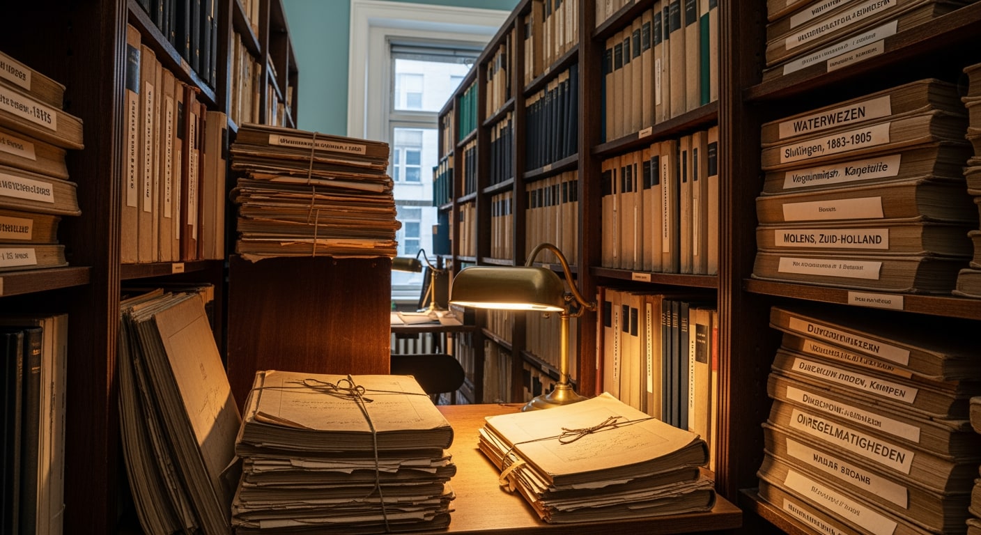 Interior of an old Dutch regulatory office: stacks of thick paper dossiers on wooden shelves, a single desk lamp casting