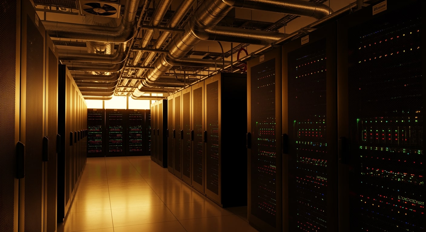 An intricate, brightly lit server room with rows of blinking indicator lights and cooling systems.