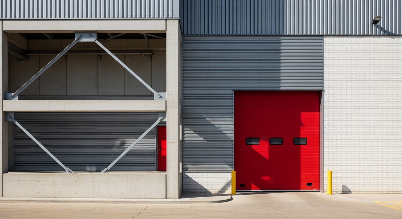 A clean industrial building exterior featuring a large, brightly colored loading dock door and corrugated metal siding.