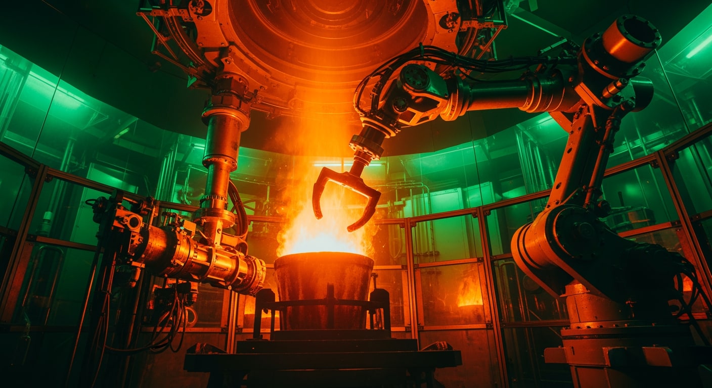 A robotic arm precisely manipulating a glowing crucible of molten material within an advanced industrial synthesis chamb