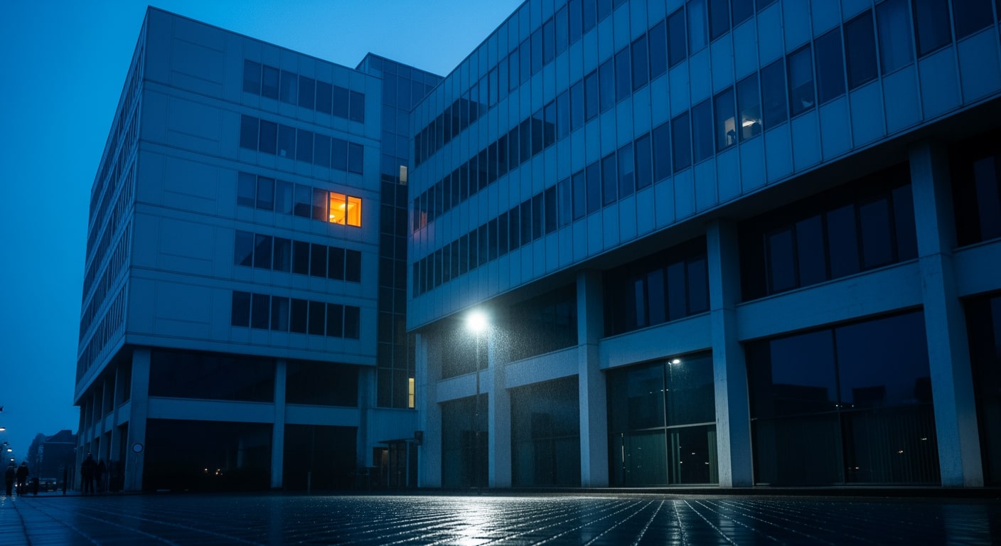 A Dutch urban employment centre exterior at blue hour — the building's facade lit in cool steel-blue dusk light, one war
