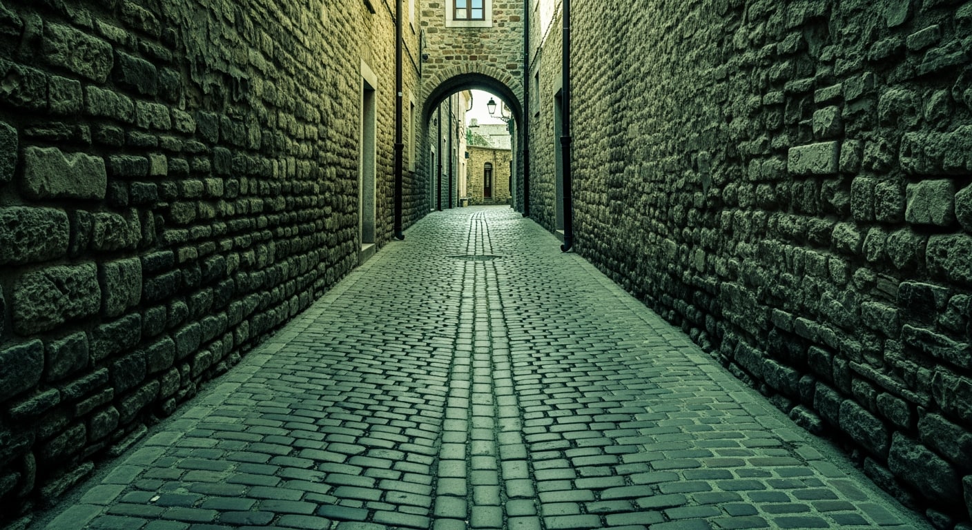 A narrow cobbled street in an historic European town, with old stone walls and a distant archway.