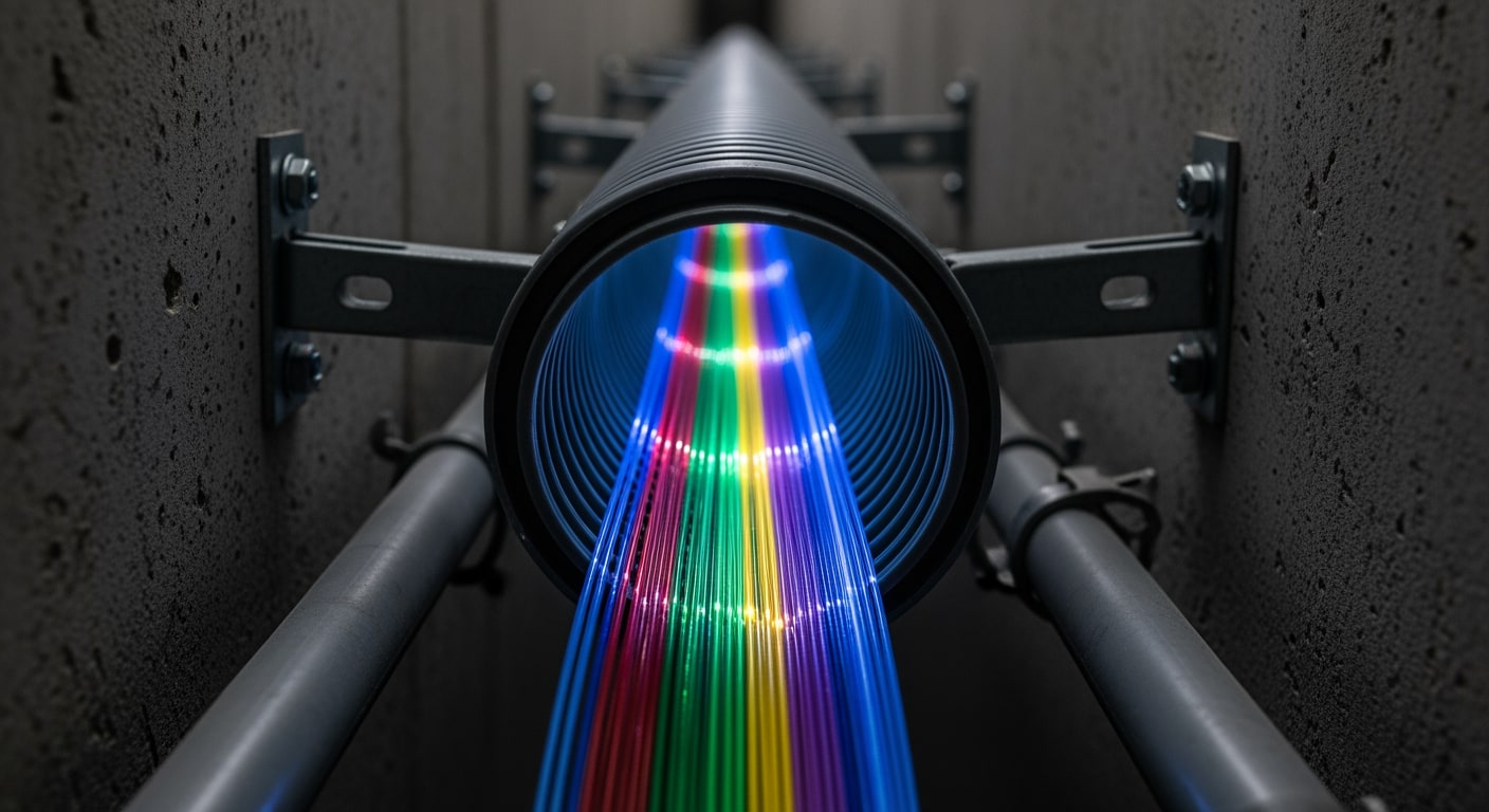 Close-up of neatly organized, colorful fiber optic cables running through a protective conduit.