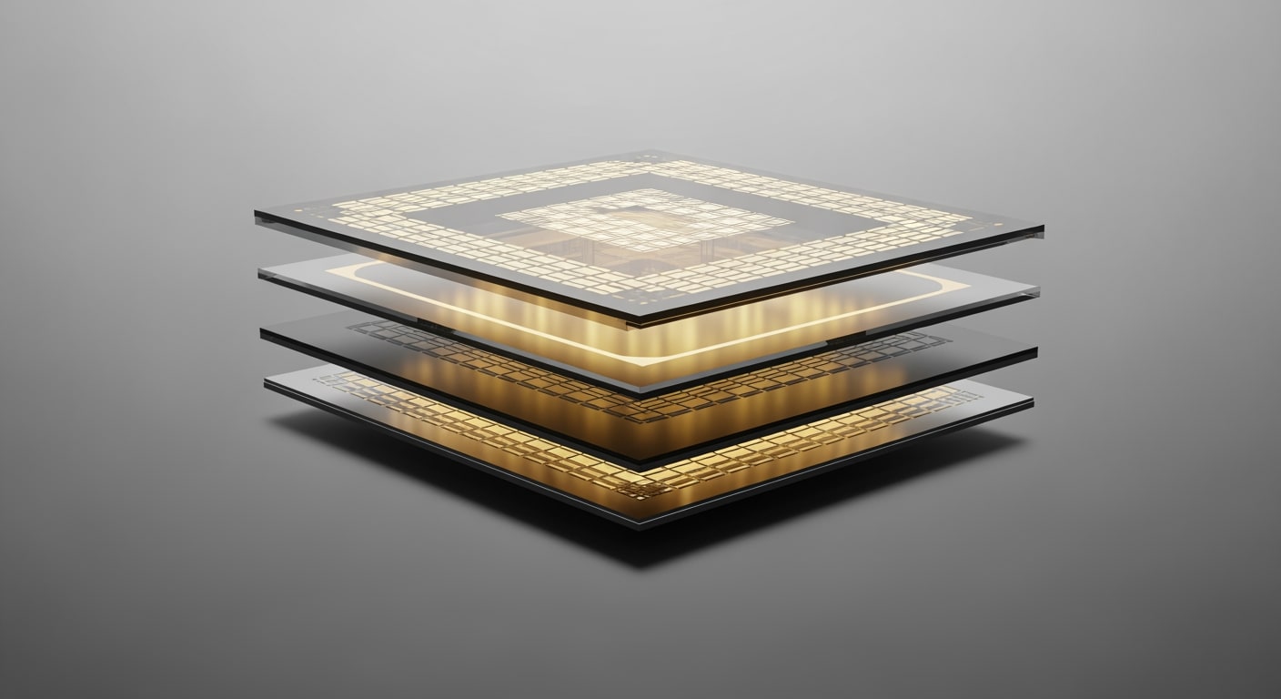 Layered cross-section of semiconductor die architecture, translucent silhouette revealing internal micro-structures with