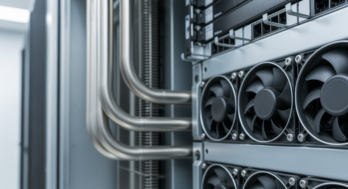 Close-up of intricate, metallic cooling pipes and multiple fans within a modern server rack enclosure.