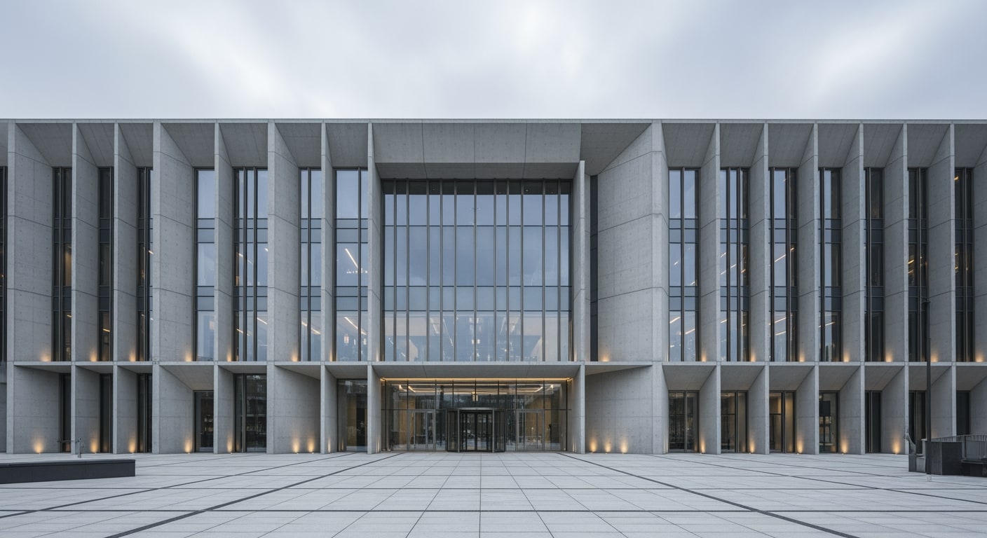 A wide shot of a modern building entrance with geometric concrete and glass, under an overcast sky.