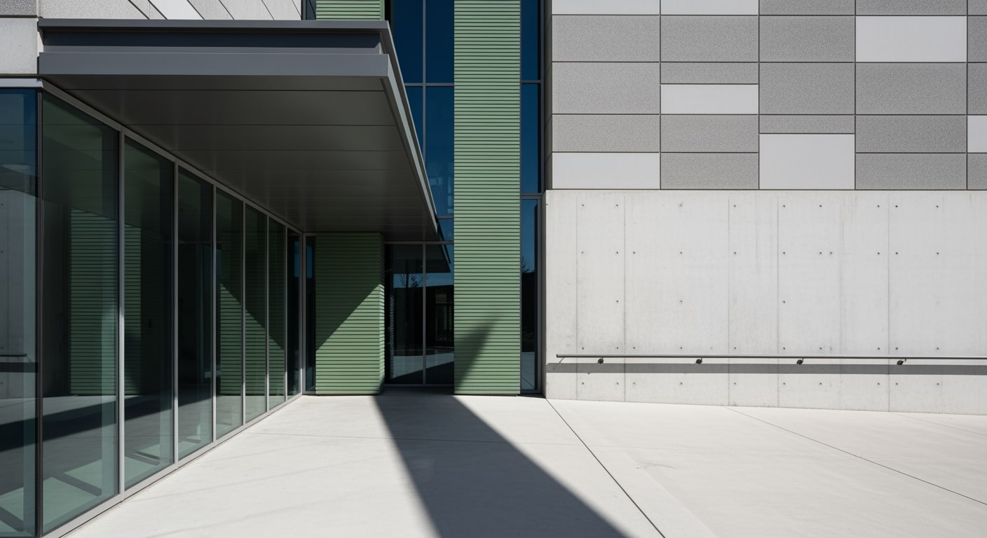 An exterior view of a modern research facility entrance, showcasing geometric forms and textured wall panels.