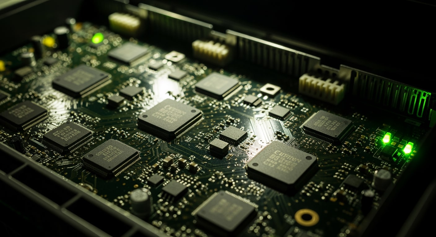 Detailed view of a server's illuminated circuit board with numerous microchips and intricate pathways.
