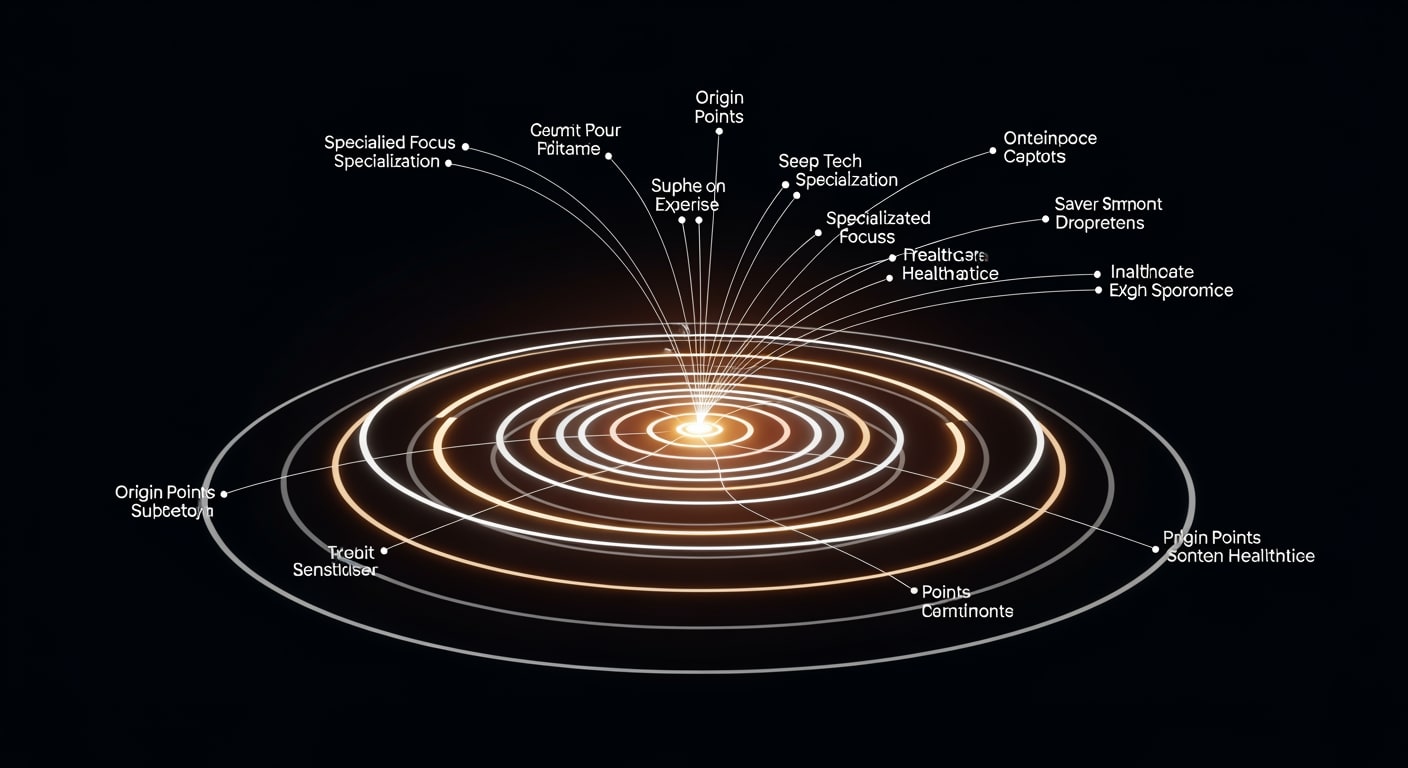 Layered network diagram aesthetic: concentric circles and branching lines with subtle gradient light, symbolizing specia
