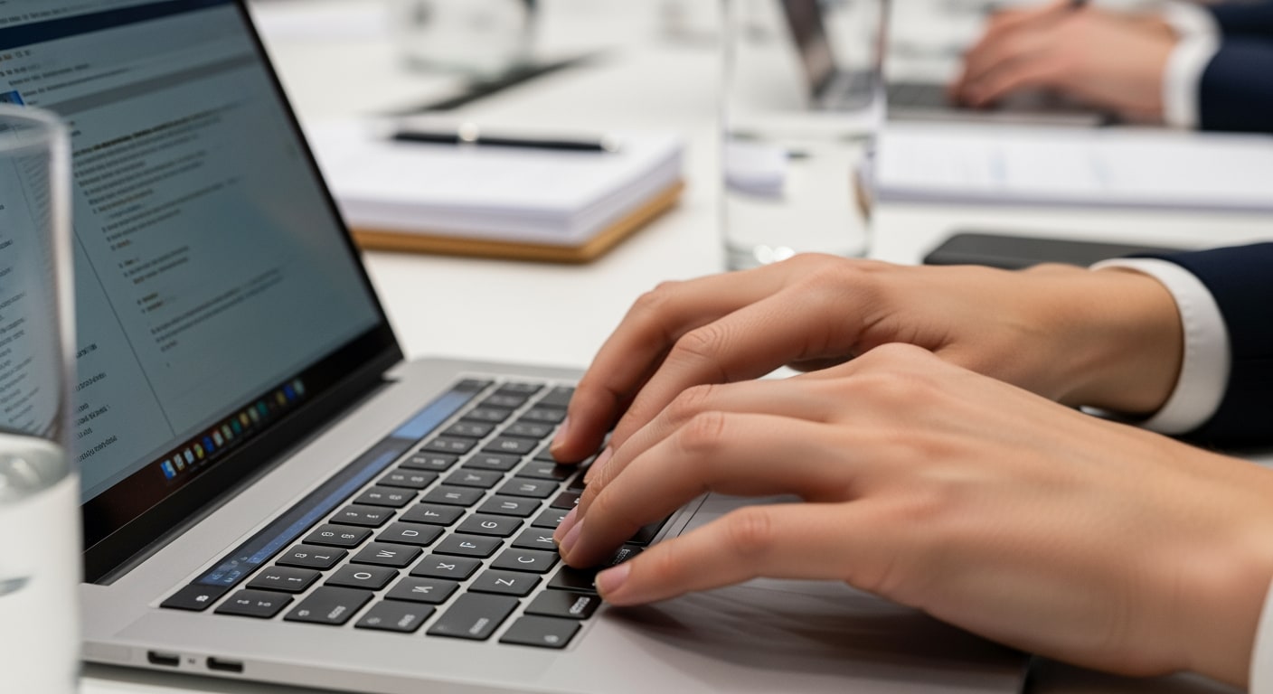 A close-up view of hands typing on a laptop during an AI conference, with blurred notes.