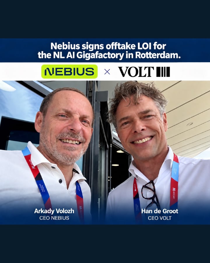 Nebius tekent intentieovereenkomst voor rekenkracht van VOLT's Rotterdamse AI-gigafabriek