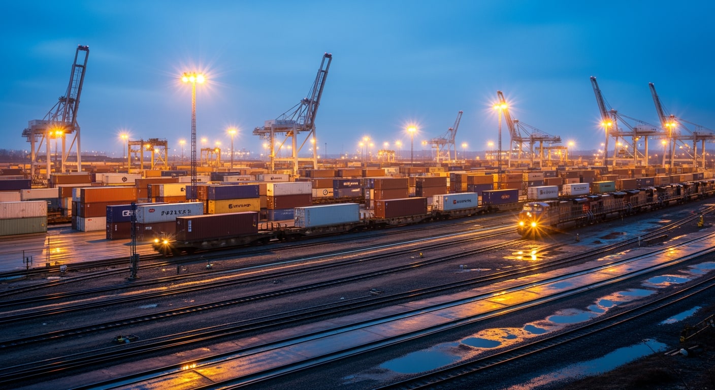 A busy intermodal freight train yard with various cargo containers illuminated by warm lights at night.
