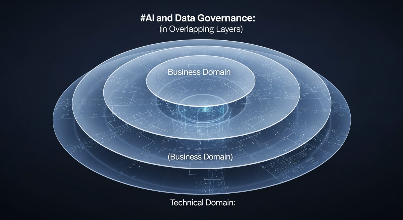 Layered transparent planes representing different domains—technical, business, and governance—overlapping harmoniously w