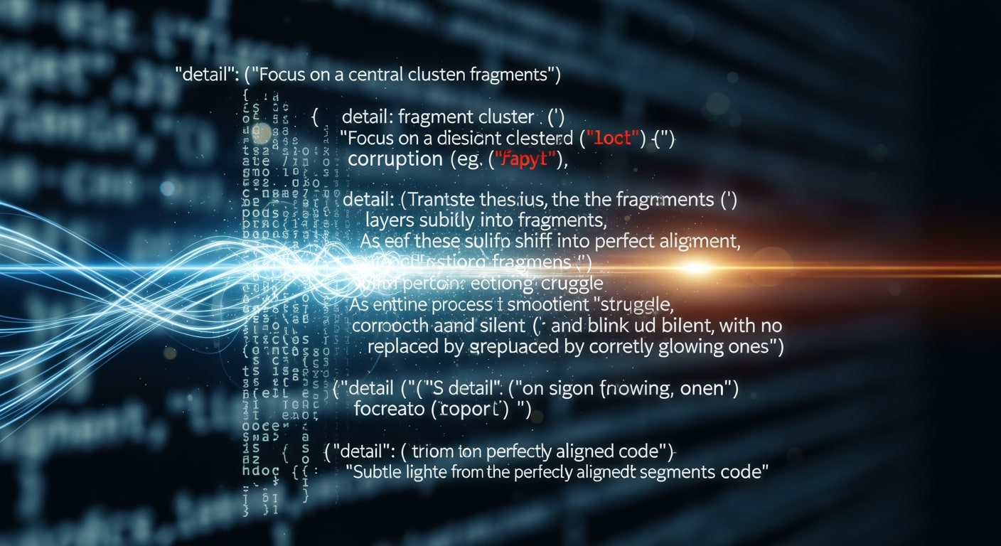 Close-up of layered digital code fragments being systematically organized and corrected by invisible algorithmic forces,