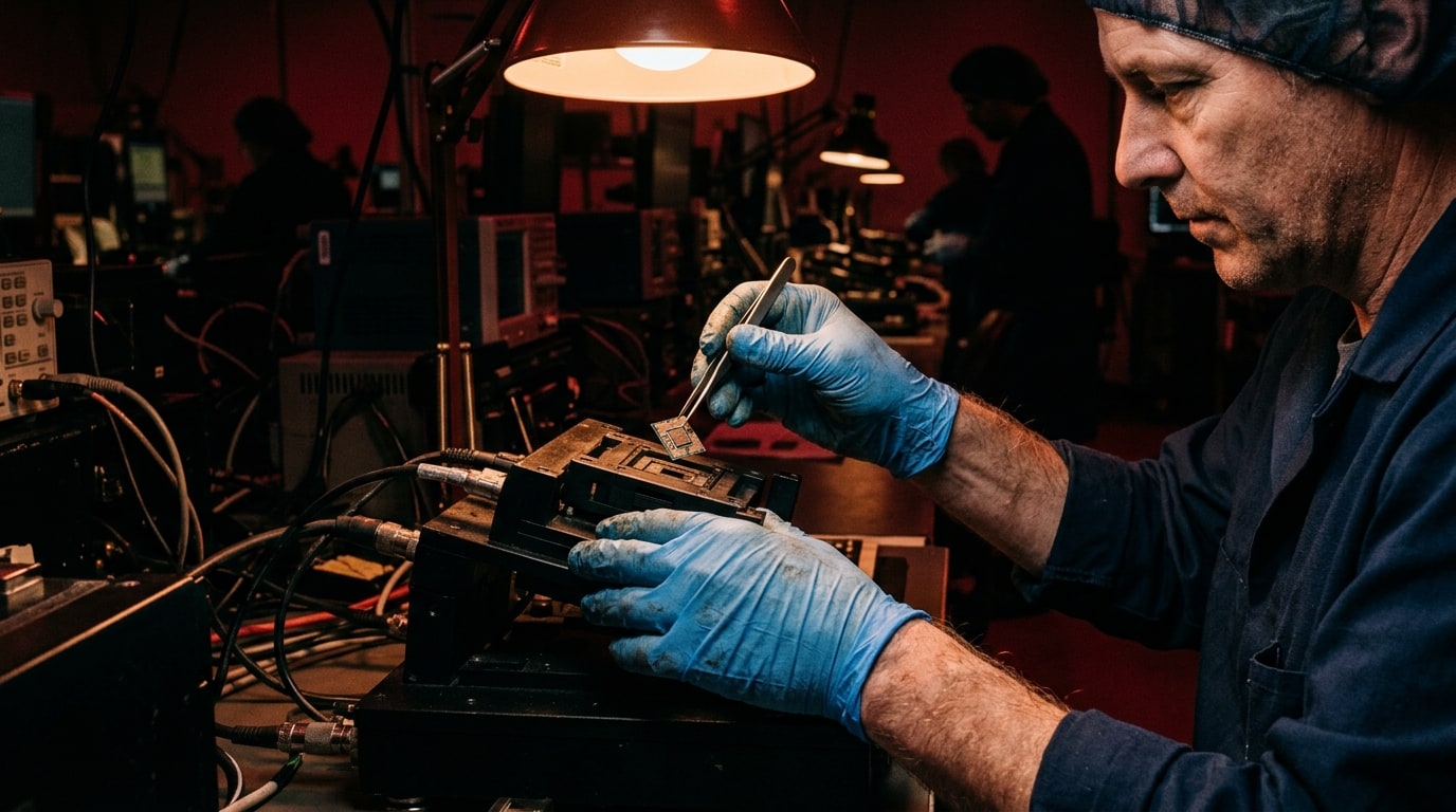 A packaging line worker's gloved hands in motion mounting an unreleased processor die onto a test socket, seen from the 