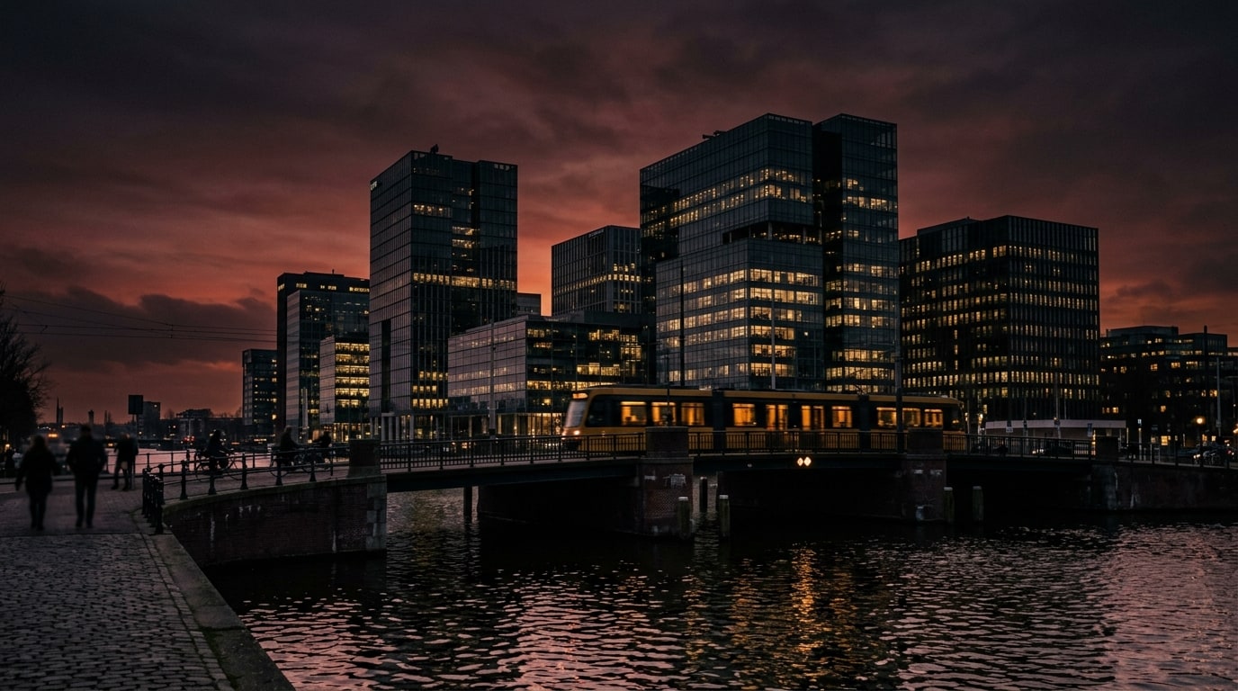 Wide cinematic shot of Amsterdam's financial district at dusk seen from across a canal, dense glass office towers where 