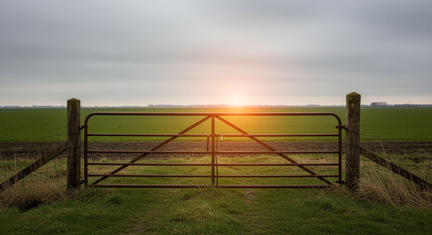 A weathered metal gate, half-open, standing alone in the middle of a flat Dutch polder landscape under a wide overcast s
