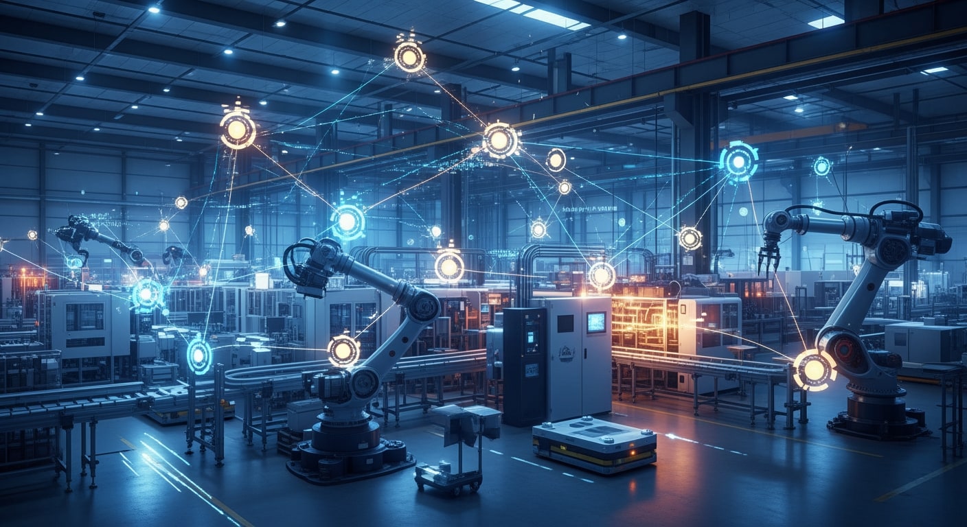 Industrial factory floor bathed in cool ambient light, with soft glowing nodes and connections overlaid across machinery