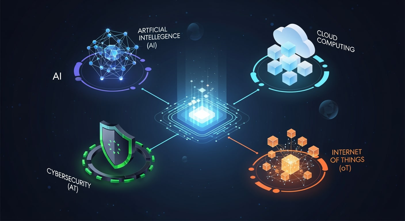 Layered geometric shapes representing different technology domains—AI, cloud, cybersecurity, IoT—orbiting around a centr