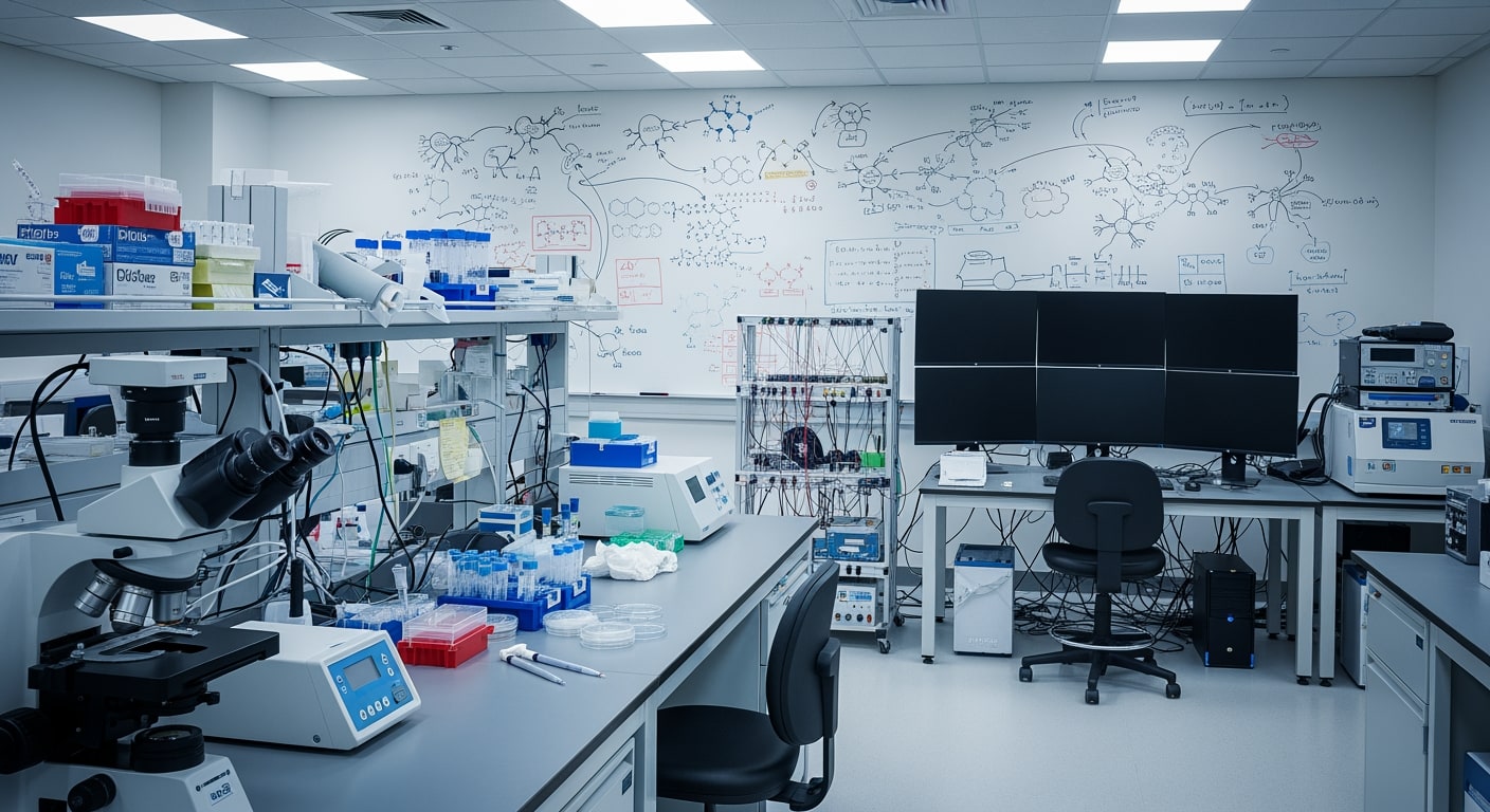 An empty, well-lit neuroscience research laboratory with various scientific instruments and a whiteboard with diagrams.