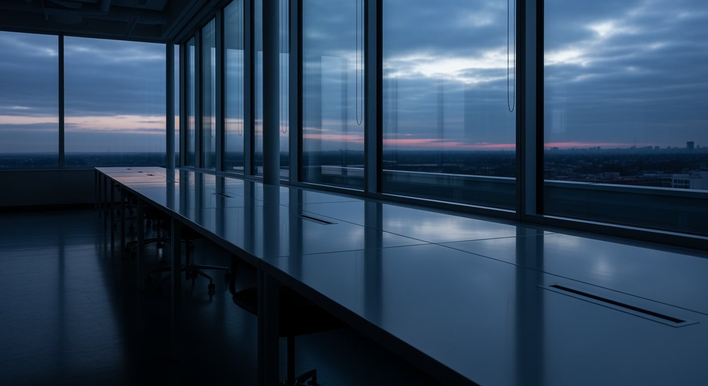 A minimalist modern office interior with large windows, empty desks, and soft, natural light at dawn.