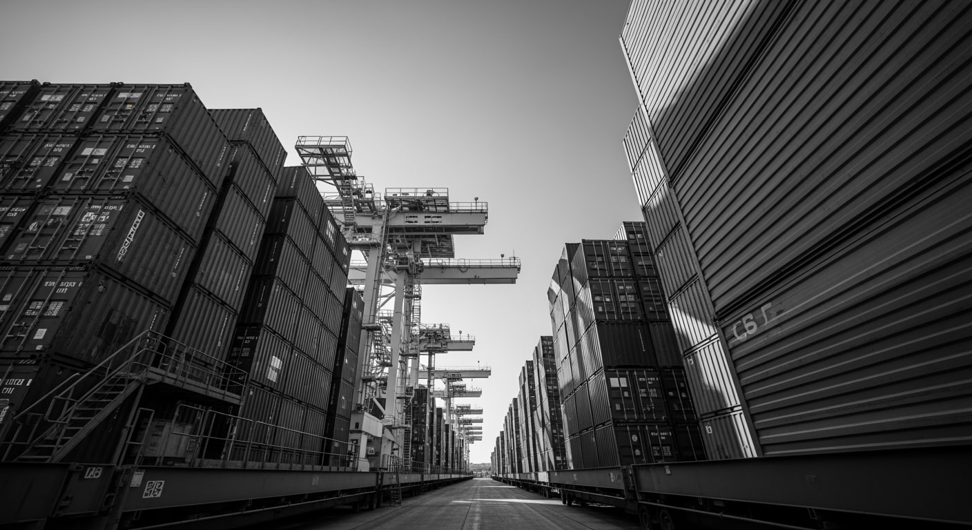 An imposing low-angle view of a large, structured logistics hub with numerous shipping containers under a dramatic sky.