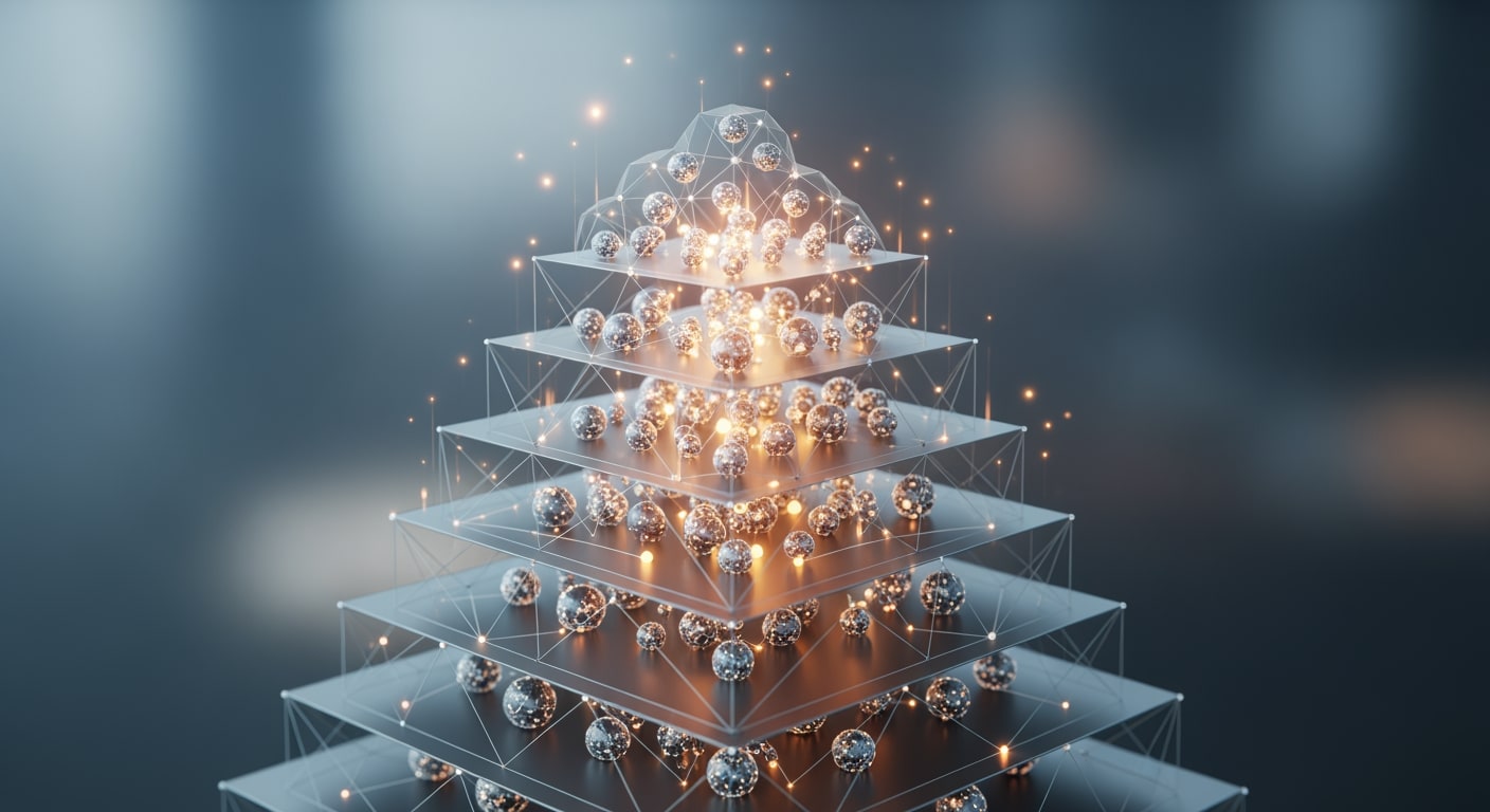 Conceptual image of a cloud infrastructure expanding upward in geometric layers, with translucent nodes representing aut