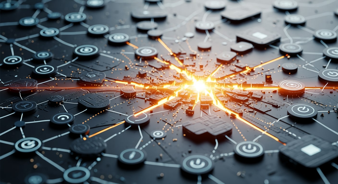Intricate network nodes and pathways fragmenting at a breaking point, symbolizing infrastructure vulnerability and regul