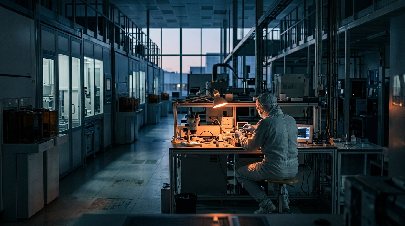 Cinematic 16:9 interior scene of a Dutch applied-research cleanroom at dusk: rows of equipment bays receding, a single w