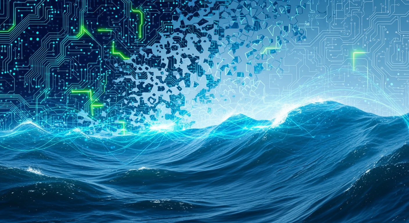 A fragmented circuit board pattern merging seamlessly into ocean waves, with threads of luminous data flowing through th