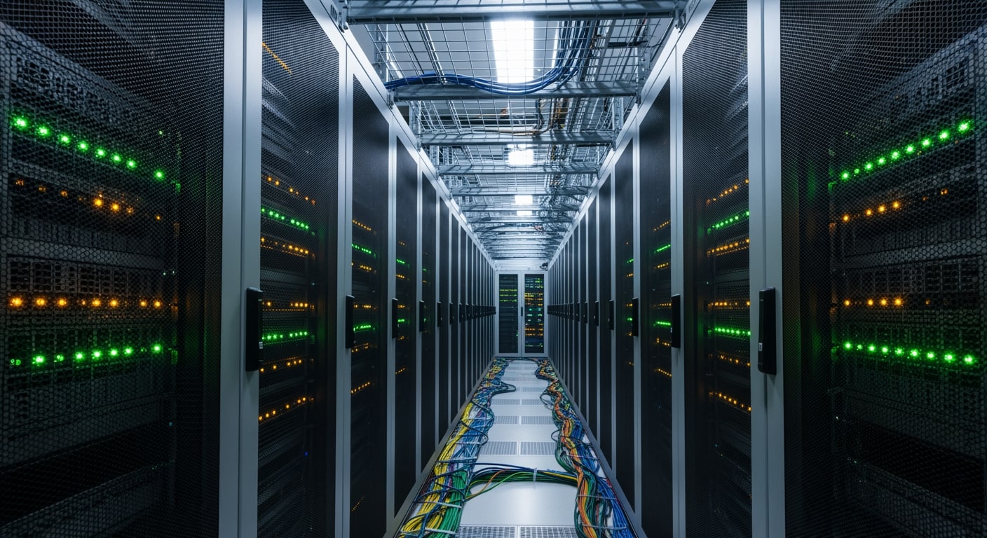 An aisle within a modern data center, showcasing rows of server racks with blinking lights.