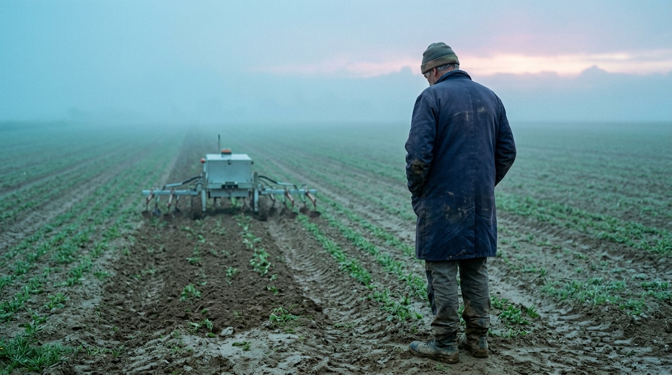 A farmer in a long work coat standing at the edge of the field seen from behind, hands in pockets, watching the weeding 