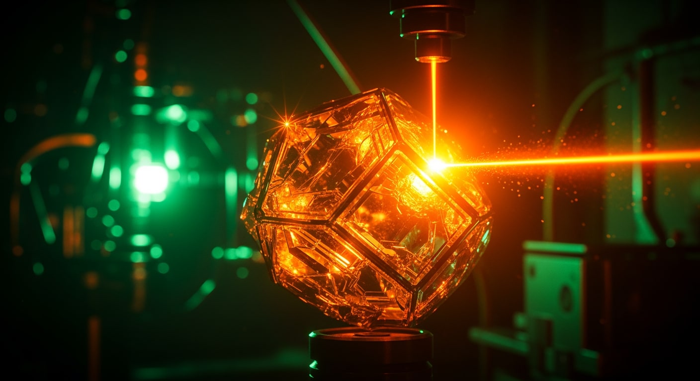 A newly synthesized crystalline material with complex internal structures, illuminated by a focused laser in a dark lab.
