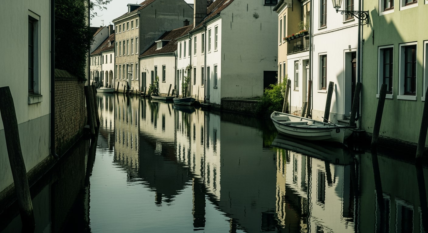 A peaceful canal in an old European city, lined with historic buildings and a small boat docked.