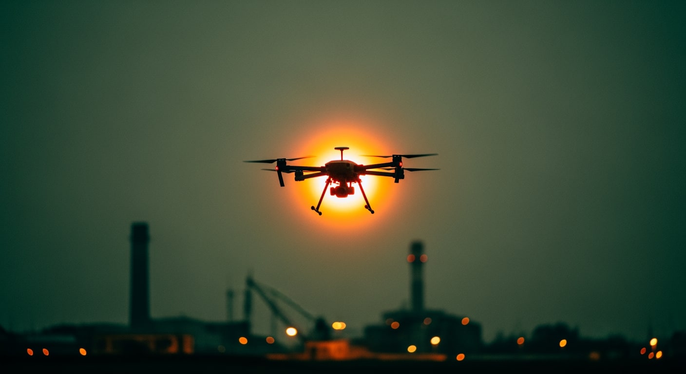 A drone hovering mid-air above an industrial port inspection site at dusk — the drone's propeller wash catching warm amb