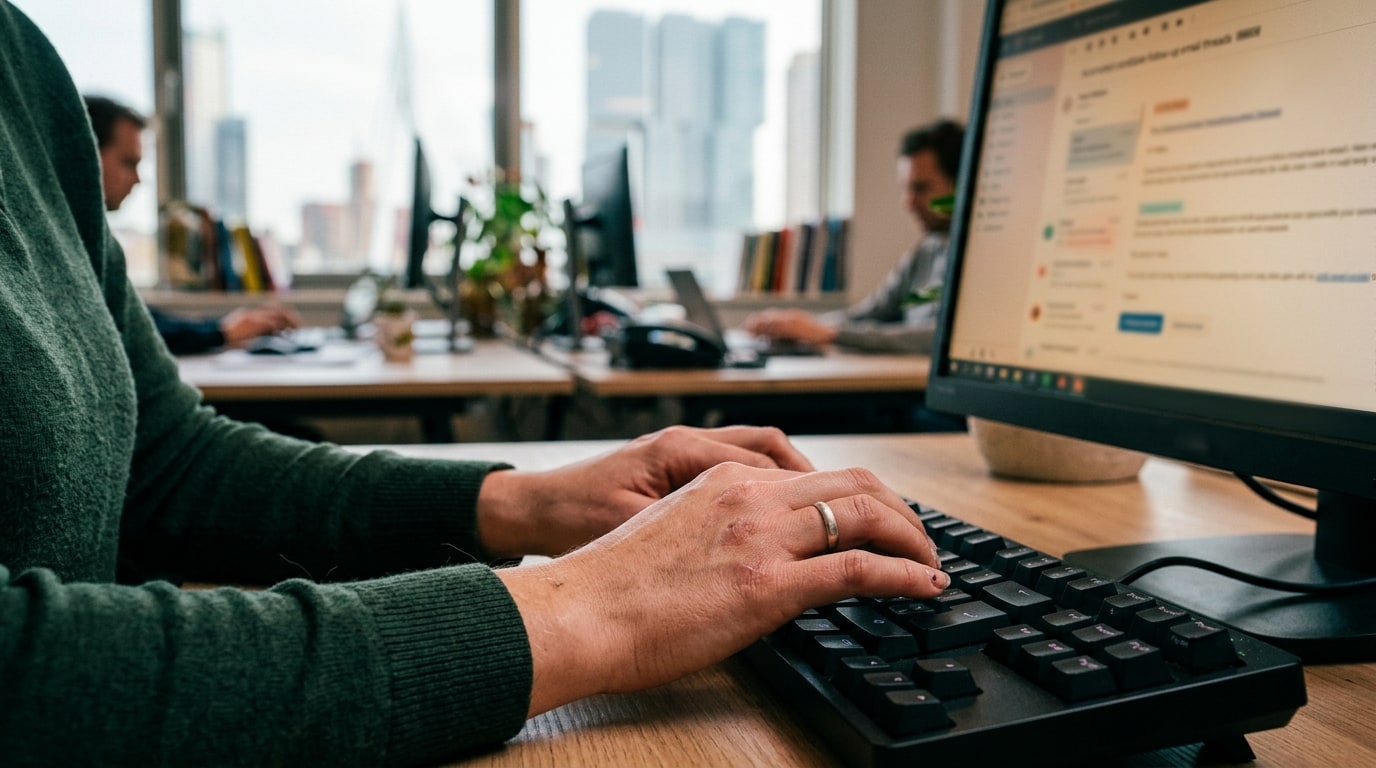A recruiter's hands actively typing on a desktop console in a warmly lit, furnished Rotterdam office, a softly glowing s