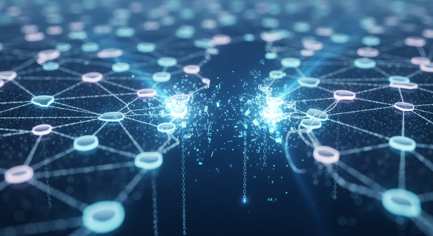 Interconnected nodes and digital chains fragmenting apart, suggesting interoperability struggles and customer lock-in. C