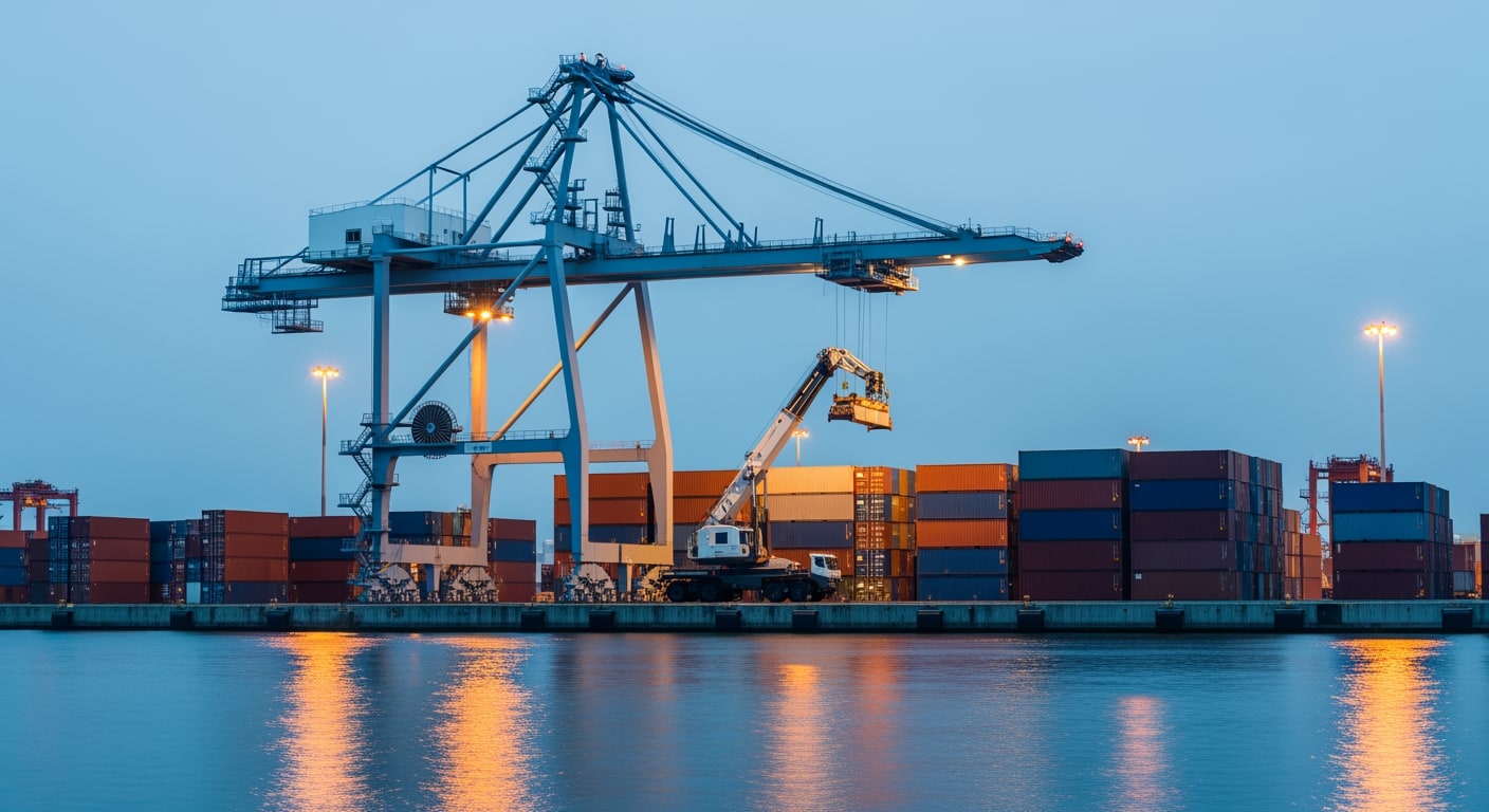 An automated robotic crane precisely stacking brightly colored shipping containers at a bustling modern port terminal at