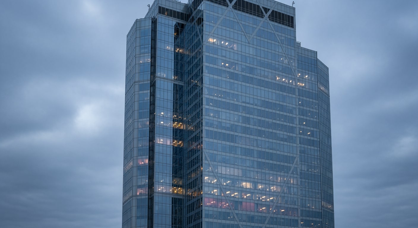 A sleek, contemporary glass and steel building facade reflecting a cloudy twilight sky in an urban financial district.