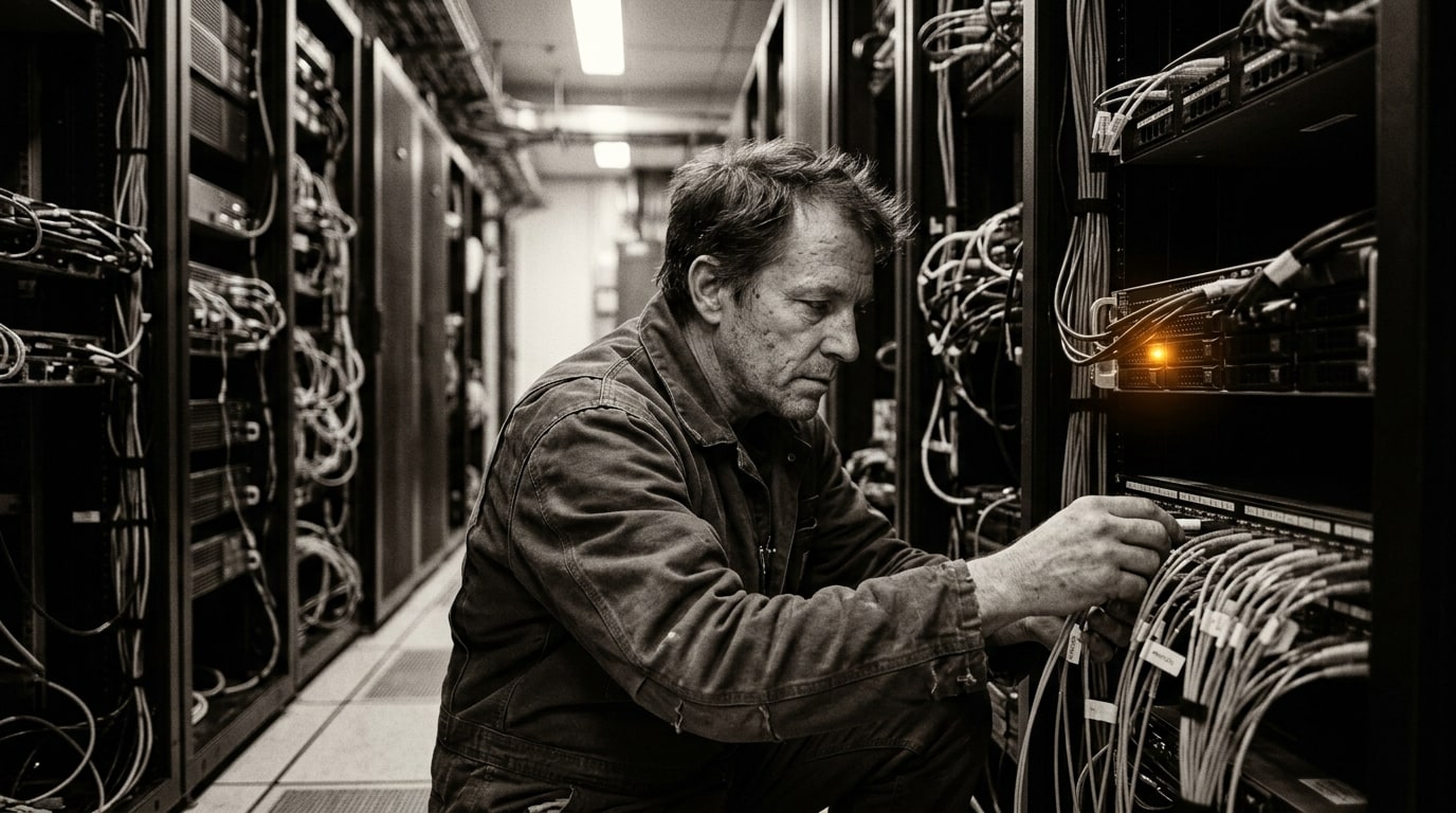 A real server-and-data infrastructure corridor connecting legacy financial systems to newer onchain nodes, framed at med