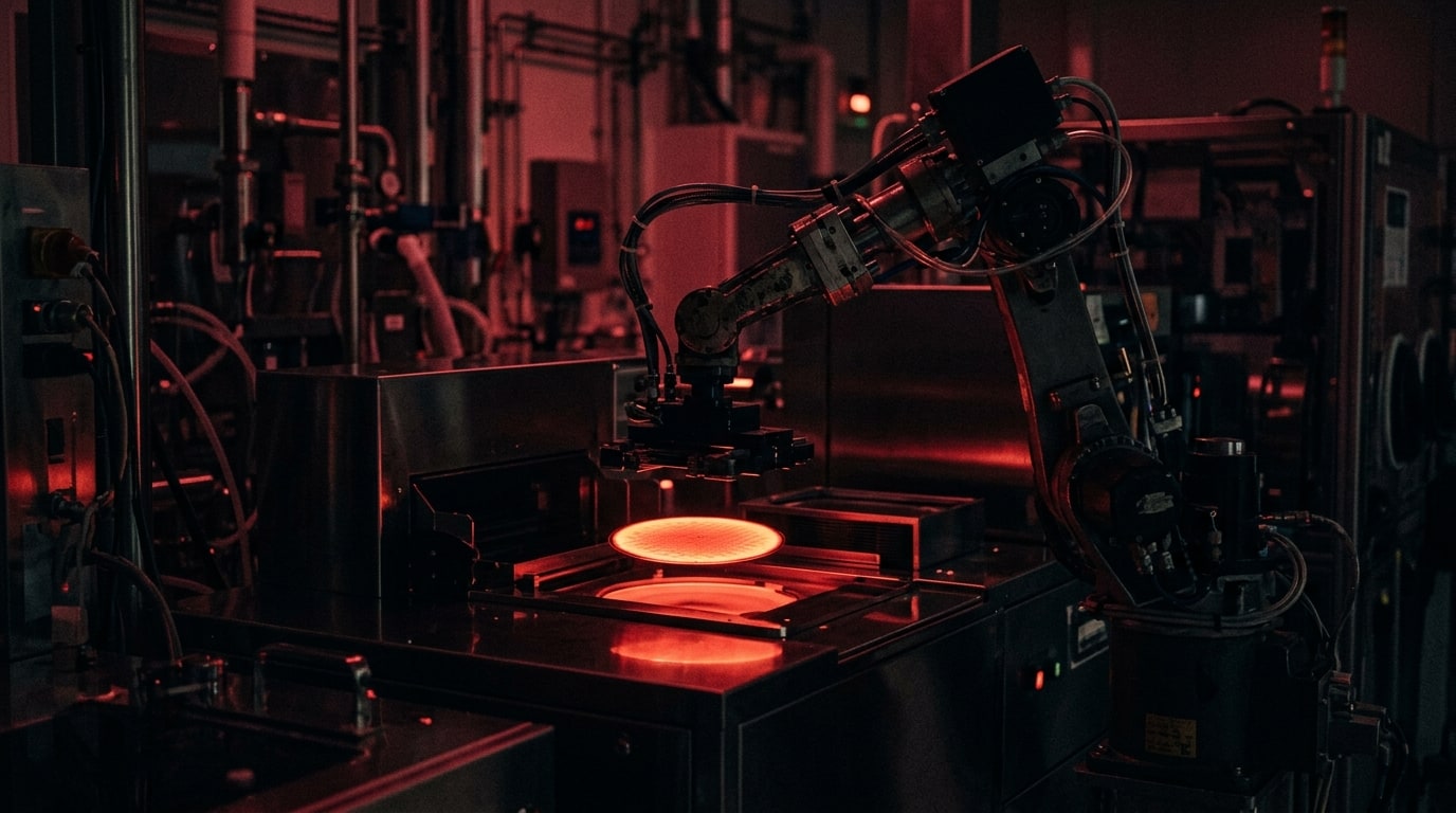 An Eindhoven cleanroom at night, a robotic wafer-handling arm paused mid-motion over a single glowing test wafer, deep c