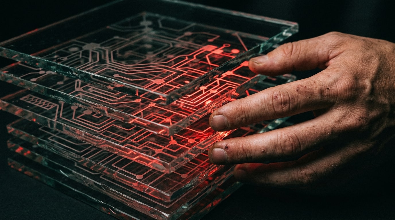 Close cinematic detail of a modular blockchain network diagram rendered as a real physical object — etched glass plates 